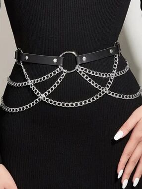NEW Black Faux Leather Waist Chain Belt with Silver Chains
